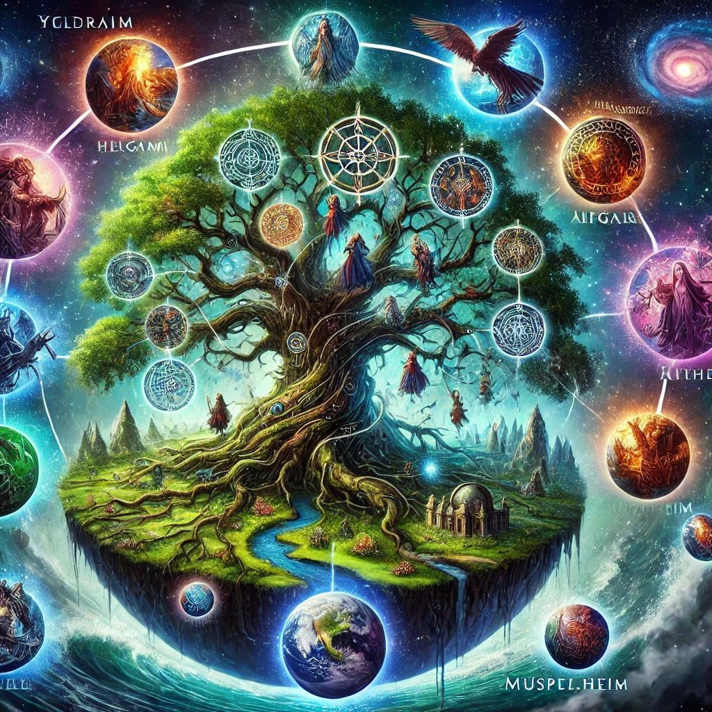 Os nove mundos estão interligados por Yggdrasil