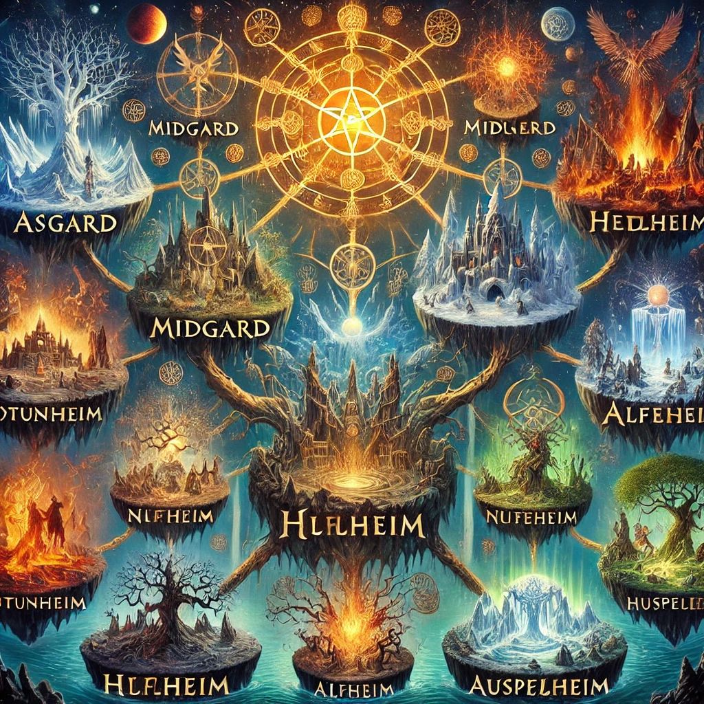 Os nove mundos estão conectados por Yggdrasil