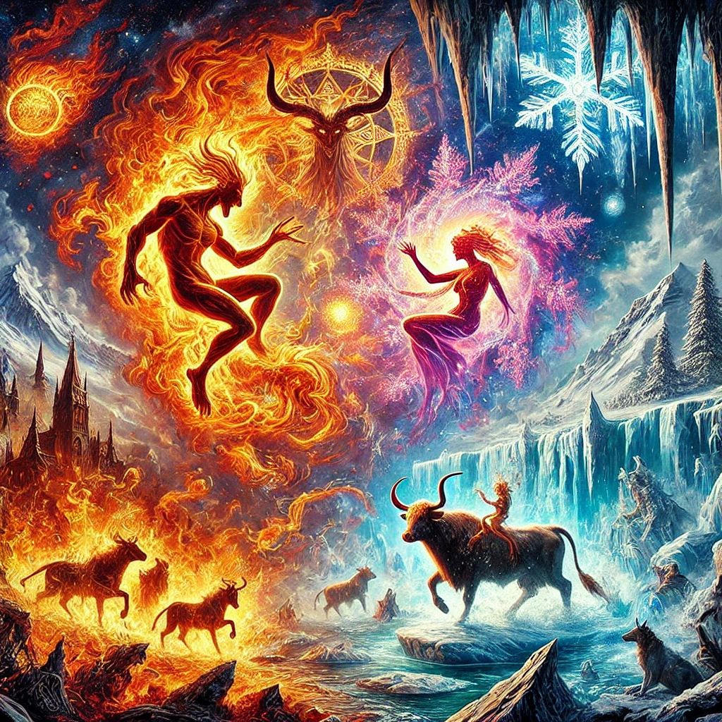 a criação do cosmos nórdico, com Muspelheim e Niflheim colidindo no Ginnungagap
