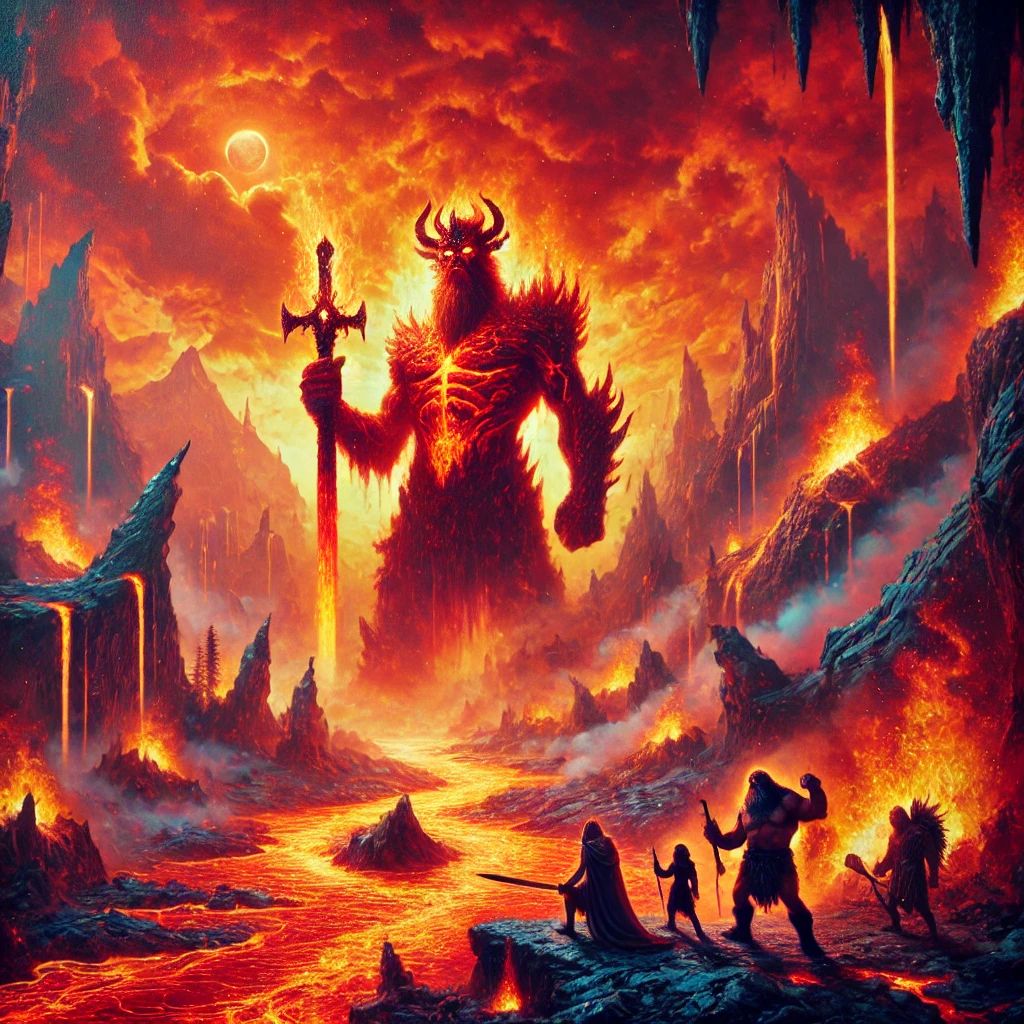 Surtr empunhando sua espada de fogo